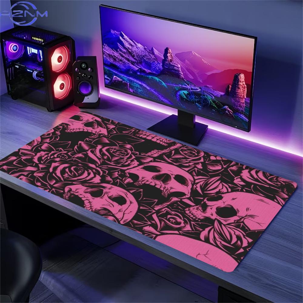 Desk Setup With Laptop - Pink Rose Skull Erweiterte Schreibtischunterlage, rutschfeste