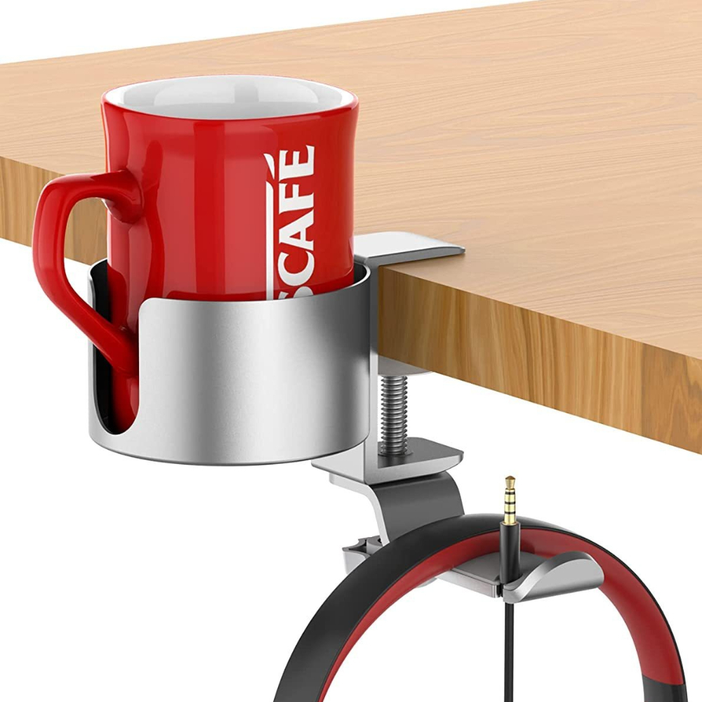 Desk Setup For Office - 360 ° Drehbarer Schreibtisch-Kopfhörerhalter mit Getränkehalterung