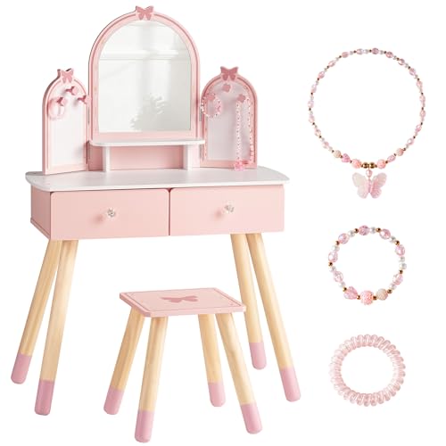 Desk Setup Kids - Rosa Kinder-Schminktisch-Set mit Spiegel & Hocker,