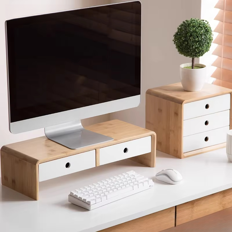 Desk Setup With Laptop - Bambus-Laptop-Monitor-Riser, umweltfreundlicher Desktop-Organizer mit Schublade für